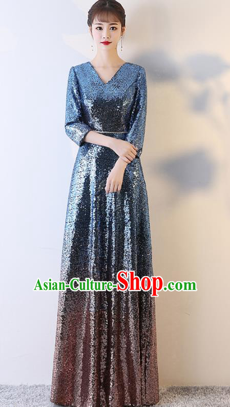 Top Grade Compere Blue Sequins Full Dress Annual Gala Stage Show Chorus Costume for Women