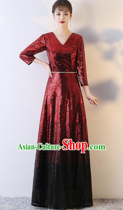 Top Grade Compere Wine Red Sequins Full Dress Annual Gala Stage Show Chorus Costume for Women