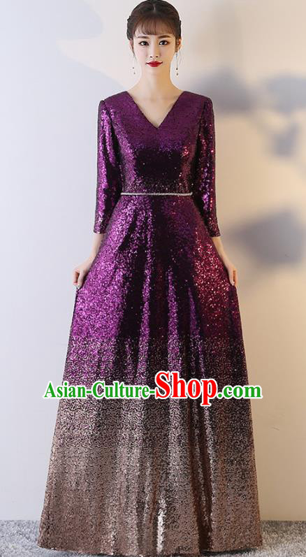 Top Grade Compere Deep Purple Sequins Full Dress Annual Gala Stage Show Chorus Costume for Women