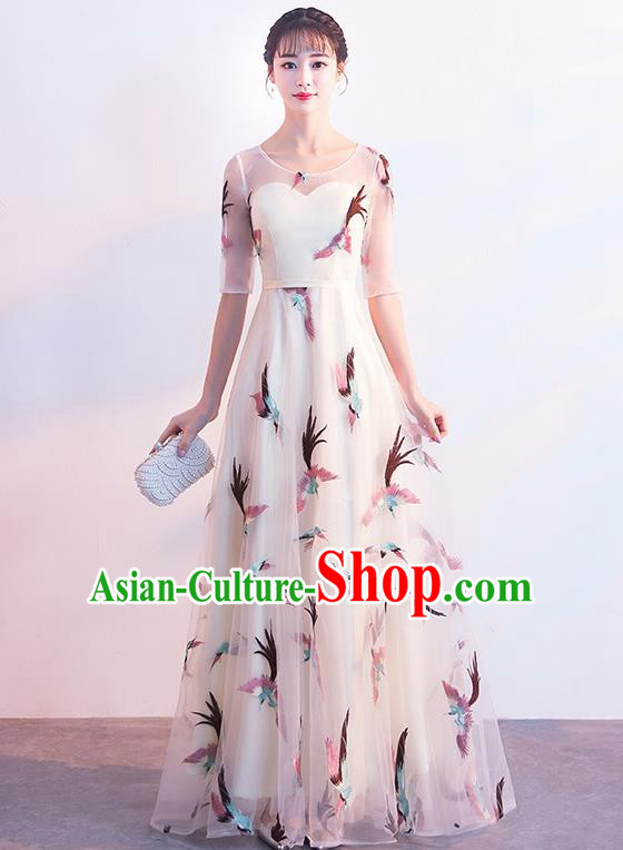 Top Grade Compere Printing Birds White Full Dress Annual Gala Stage Show Chorus Costume for Women