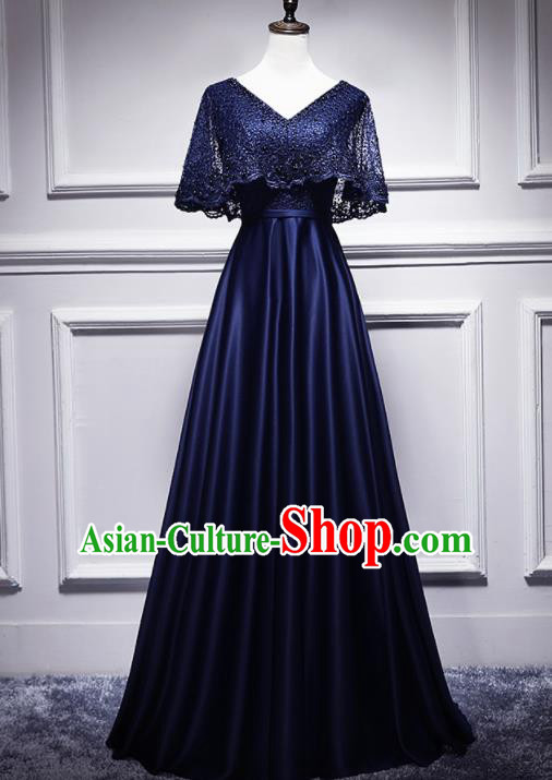 Top Grade Compere Navy Lace Satin Full Dress Annual Gala Stage Show Chorus Costume for Women