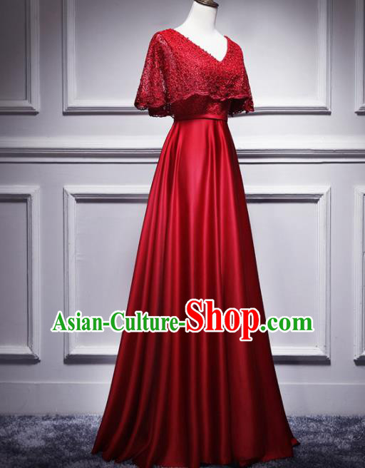 Top Grade Compere Red Lace Satin Full Dress Annual Gala Stage Show Chorus Costume for Women
