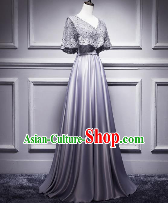 Top Grade Compere Grey Lace Satin Full Dress Annual Gala Stage Show Chorus Costume for Women