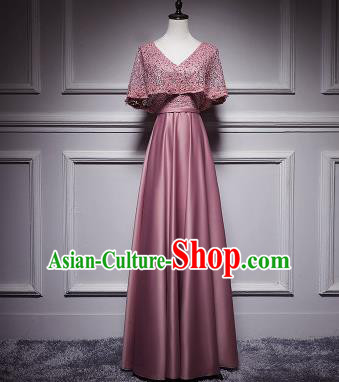 Top Grade Compere Pink Lace Satin Full Dress Annual Gala Stage Show Chorus Costume for Women