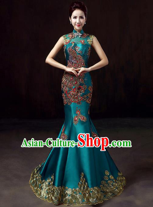 Top Grade Compere Embroidered Peacock Blue Full Dress Annual Gala Stage Show Chorus Costume for Women