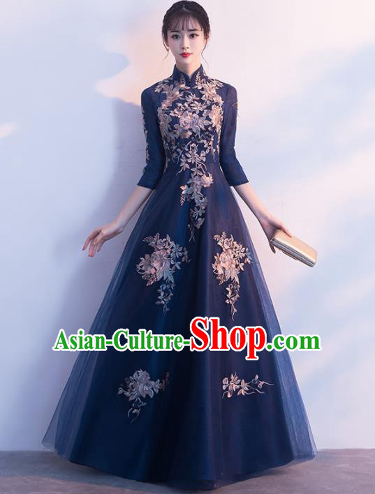 Top Grade Compere Embroidered Navy Veil Full Dress Annual Gala Stage Show Chorus Costume for Women