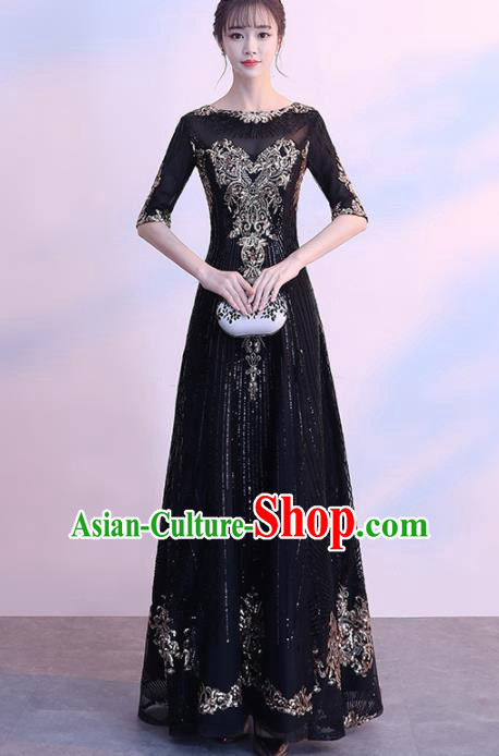 Top Grade Compere Embroidered Beads Black Full Dress Annual Gala Stage Show Chorus Costume for Women