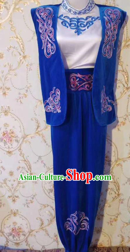 Chinese Traditional Kazak Nationality Blue Outfits Xinjiang Ethnic Folk Dance Stage Show Costume for Men