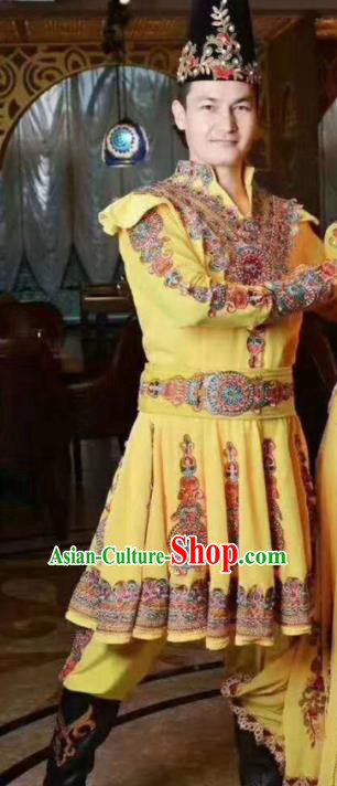 Chinese Traditional Uyghur Nationality Yellow Outfits Xinjiang Ethnic Folk Dance Stage Show Costume for Men