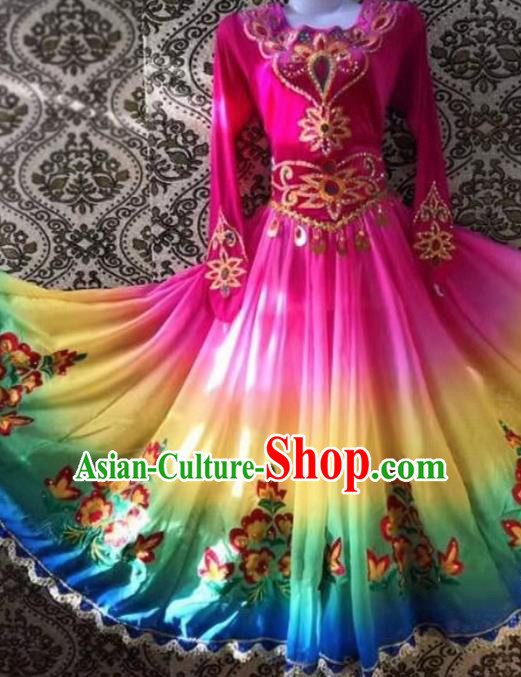 Chinese Traditional Uyghur Nationality Folk Dance Rosy Dress Xinjiang Ethnic Stage Show Costume for Women