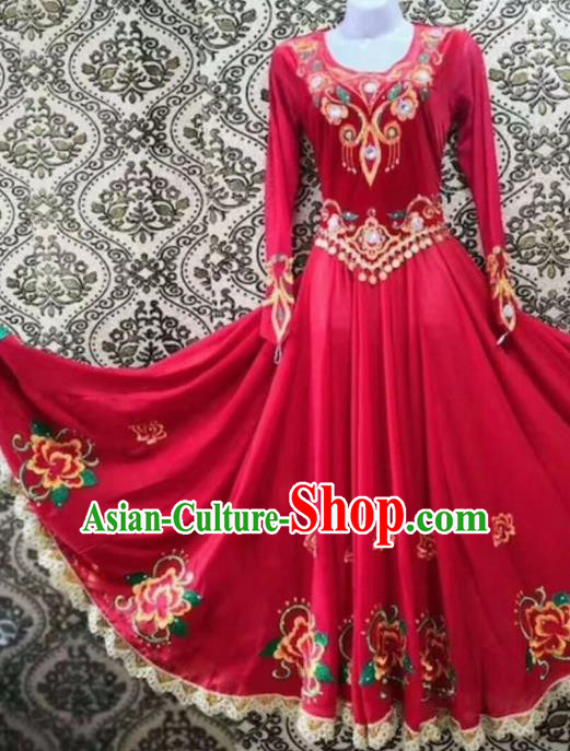 Chinese Traditional Uyghur Nationality Folk Dance Red Dress Xinjiang Ethnic Stage Show Costume for Women