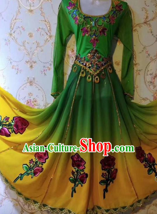 Chinese Traditional Uyghur Nationality Folk Dance Green Dress Xinjiang Ethnic Stage Show Costume for Women