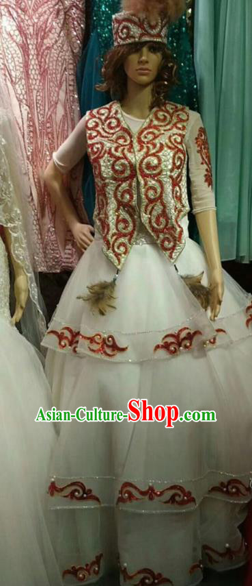 Chinese Traditional Kazak Nationality Folk Dance White Dress Xinjiang Ethnic Stage Show Costume for Women