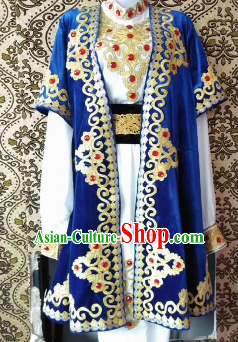 Chinese Traditional Uyghur Nationality Embroidered Blue Outfits Xinjiang Ethnic Folk Dance Stage Show Costume for Men