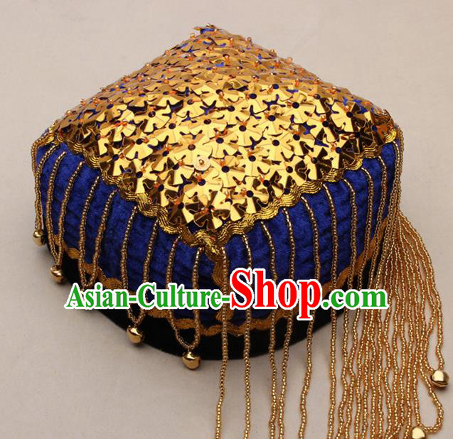 Chinese Traditional Uyghur Nationality Golden Sequins Tassel Blue Hat Ethnic Folk Dance Stage Show Headwear for Women