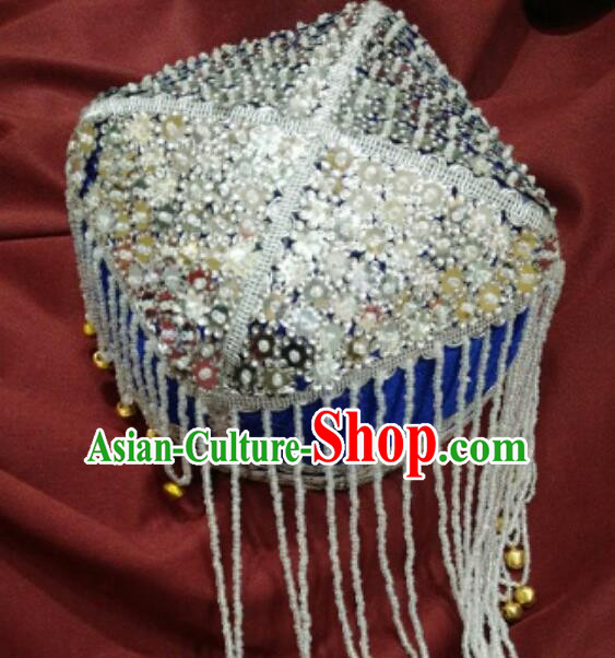 Chinese Traditional Uyghur Nationality Argent Sequins Tassel Blue Hat Ethnic Folk Dance Stage Show Headwear for Women