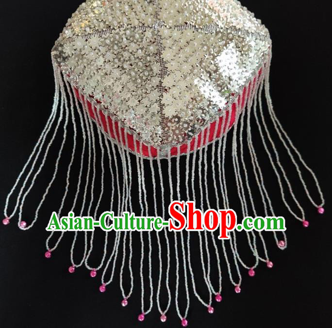 Chinese Traditional Uyghur Nationality Argent Sequins Tassel Red Hat Ethnic Folk Dance Stage Show Headwear for Women