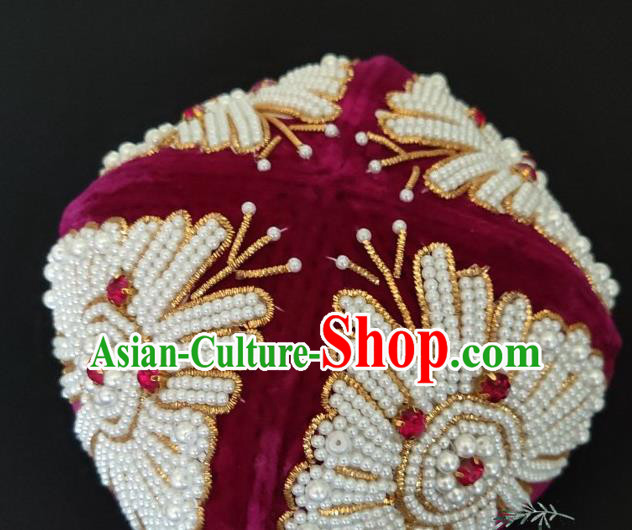 Chinese Traditional Uyghur Nationality Embroidered Beads Rosy Hat Ethnic Folk Dance Stage Show Headwear for Women