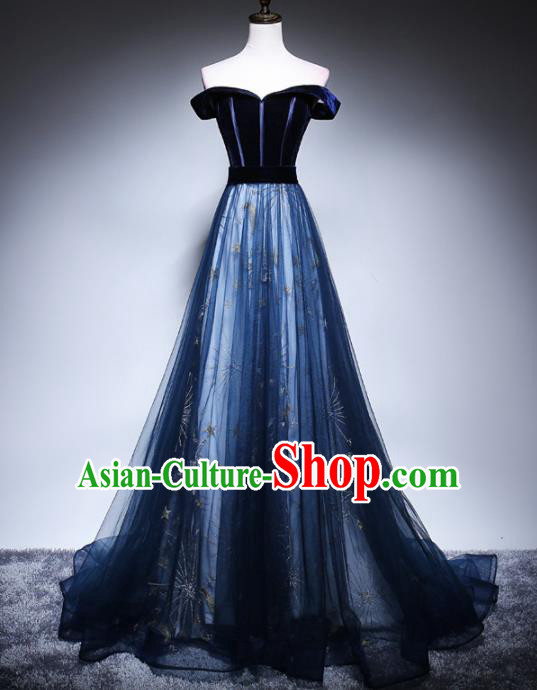 Top Grade Compere Navy Velvet Full Dress Annual Gala Stage Show Chorus Costume for Women