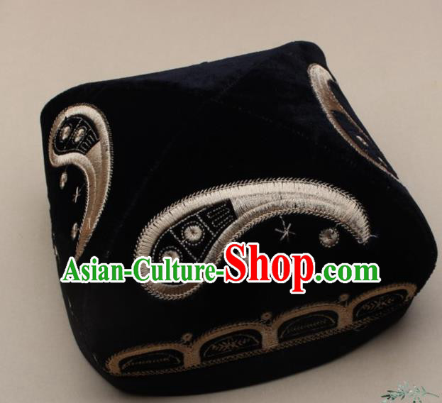 Chinese Traditional Uyghur Nationality Embroidered Black Velvet Hat Ethnic Xinjiang Folk Dance Stage Show Headwear for Men