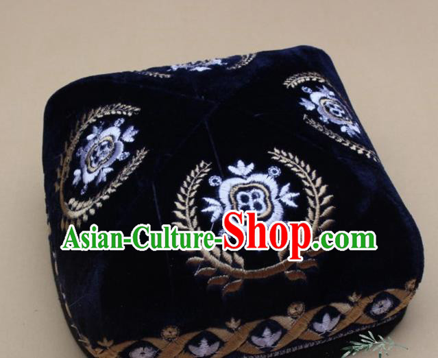 Chinese Traditional Uyghur Nationality Folk Dance Embroidered Navy Velvet Hat Ethnic Xinjiang Stage Show Headwear for Men