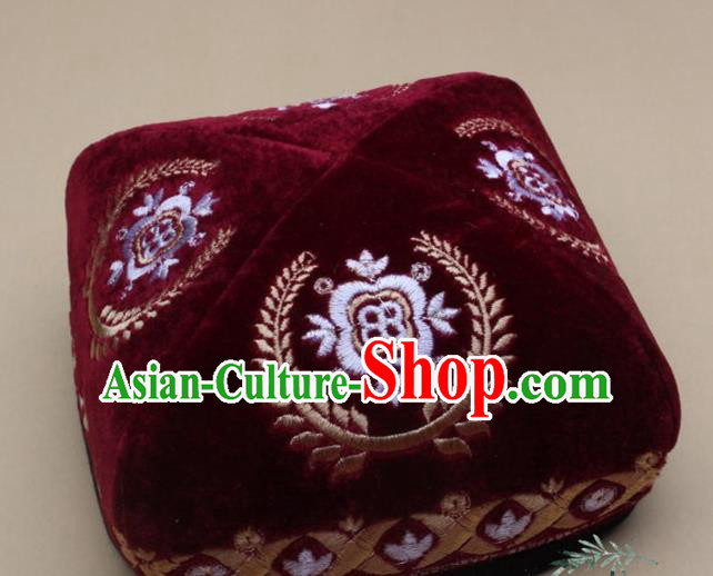 Chinese Traditional Uyghur Nationality Folk Dance Embroidered Wine Red Velvet Hat Ethnic Xinjiang Stage Show Headwear for Men