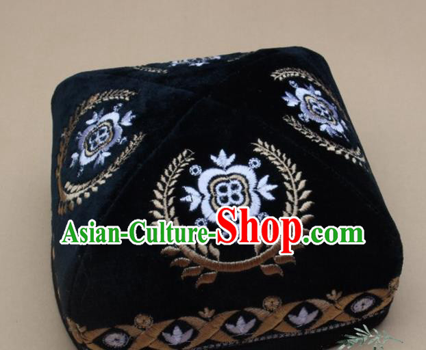 Chinese Traditional Uyghur Nationality Folk Dance Embroidered Atrovirens Velvet Hat Ethnic Xinjiang Stage Show Headwear for Men