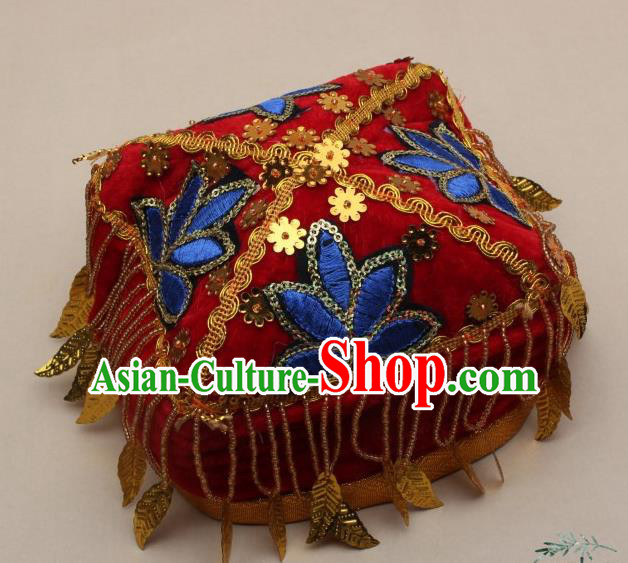 Chinese Traditional Uyghur Nationality Girls Embroidered Red Velvet Hat Ethnic Folk Dance Stage Show Headwear for Kids