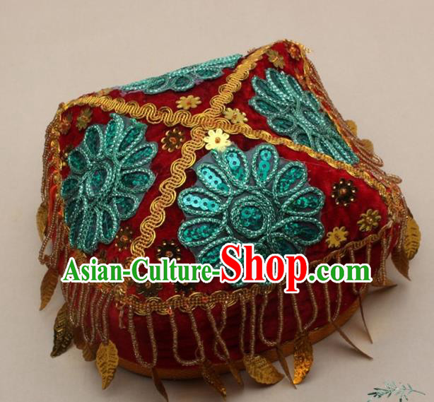 Chinese Traditional Uyghur Nationality Girls Embroidered Blue Flowers Hat Ethnic Folk Dance Stage Show Headwear for Kids