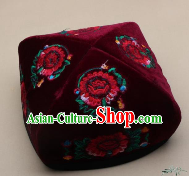 Chinese Traditional Uyghur Nationality Embroidered Wine Red Velvet Hat Ethnic Xinjiang Folk Dance Stage Show Headwear for Men