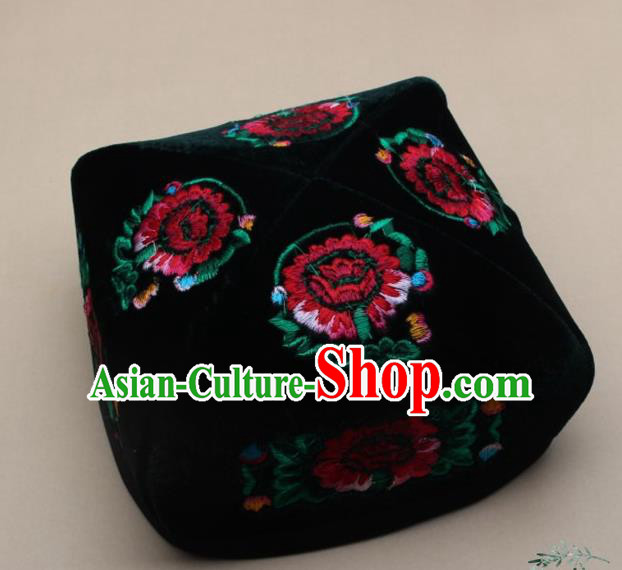 Chinese Traditional Uyghur Nationality Embroidered Black Velvet Hat Ethnic Xinjiang Folk Dance Stage Show Headwear for Men