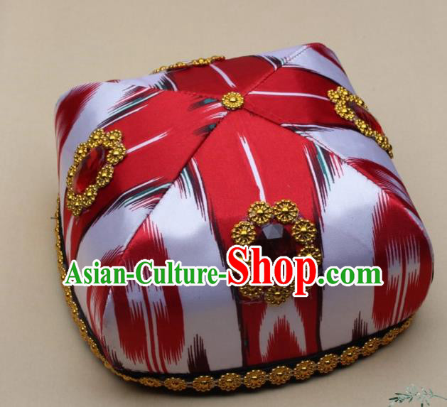 Chinese Traditional Uyghur Nationality Girls Red Ribbon Hat Ethnic Folk Dance Stage Show Headwear for Kids