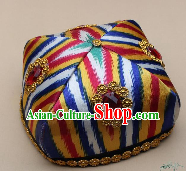 Chinese Traditional Uyghur Nationality Girls Colorful Ribbon Hat Ethnic Folk Dance Stage Show Headwear for Kids
