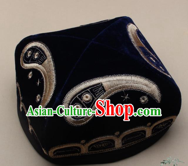 Chinese Traditional Uyghur Nationality Embroidered Navy Velvet Hat Ethnic Xinjiang Folk Dance Stage Show Headwear for Men