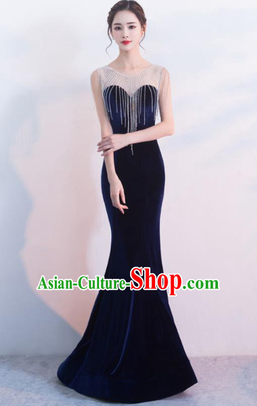 Top Grade Compere Royalblue Velvet Full Dress Annual Gala Stage Show Costume for Women