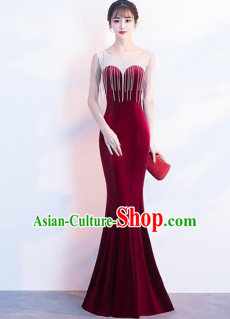 Top Grade Compere Wine Red Velvet Full Dress Annual Gala Stage Show Costume for Women