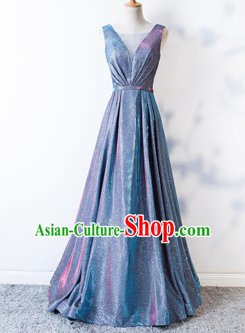 Top Grade Compere Blue Bling Full Dress Annual Gala Stage Show Costume for Women