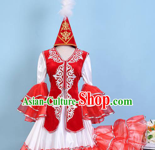 Chinese Traditional Xinjiang Kazak Nationality Embroidered Dress Ethnic Folk Dance Costume for Women