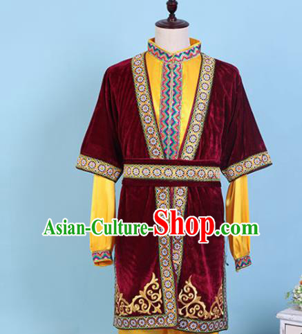 Chinese Traditional Kazak Nationality Embroidered Wine Red Clothing Xinjiang Ethnic Folk Dance Costume for Men