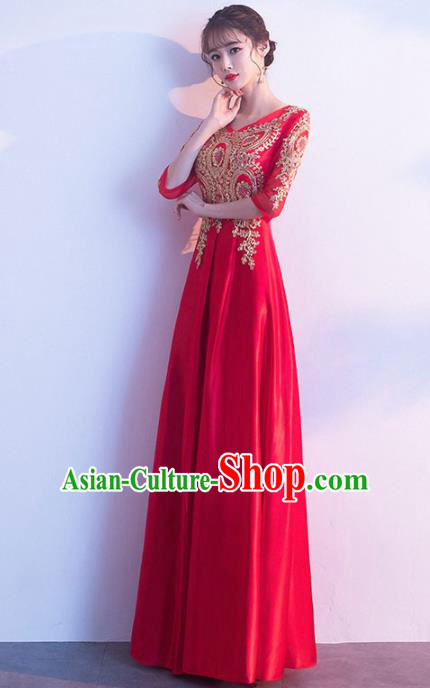 Top Grade Compere Red Satin Full Dress Annual Gala Stage Show Chorus Costume for Women