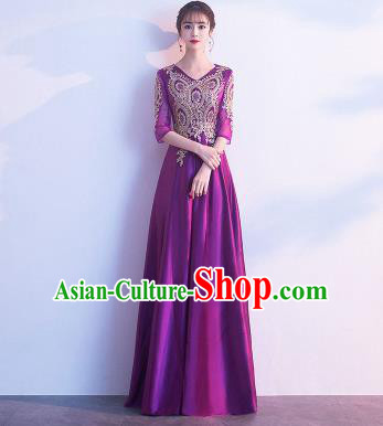 Top Grade Compere Purple Satin Full Dress Annual Gala Stage Show Chorus Costume for Women