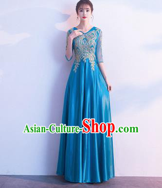 Top Grade Compere Blue Satin Full Dress Annual Gala Stage Show Chorus Costume for Women