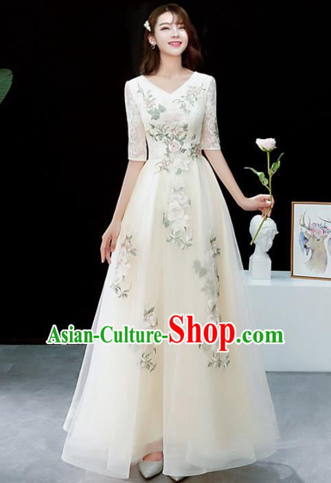 Top Grade Compere Embroidered Beige Veil Full Dress Annual Gala Stage Show Chorus Costume for Women