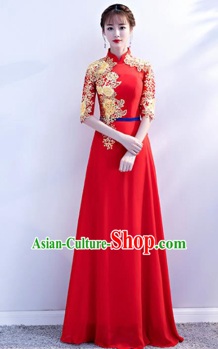 Top Grade Compere Embroidered Red Qipao Dress Annual Gala Stage Show Chorus Costume for Women