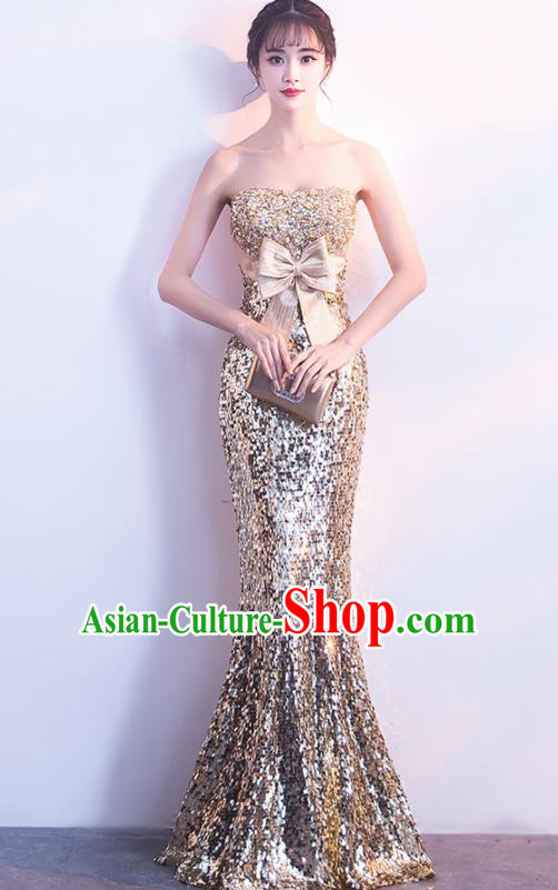 Top Grade Compere Champagne Gold Full Dress Annual Gala Stage Show Costume for Women