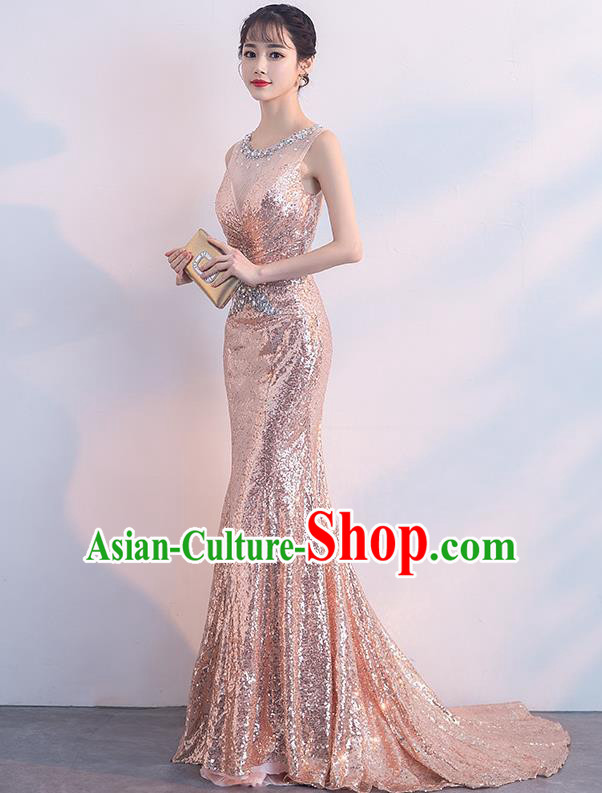 Top Grade Compere Pink Sequins Full Dress Annual Gala Stage Show Costume for Women