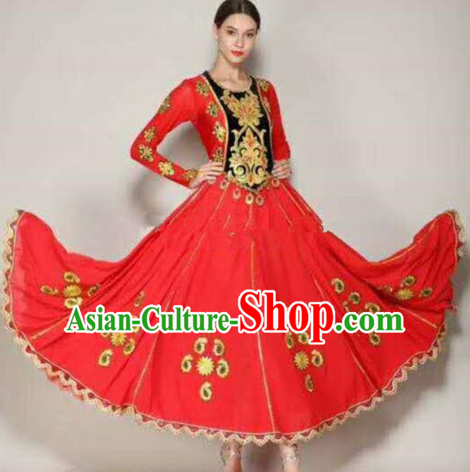 Traditional Chinese Xinjiang Uyghur Nationality Folk Dance Red Dress Ethnic Stage Show Costume for Women