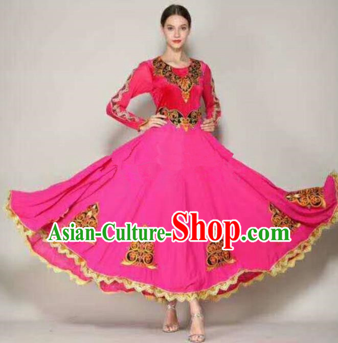 Traditional Chinese Xinjiang Uyghur Nationality Folk Dance Rosy Dress Ethnic Stage Show Costume for Women