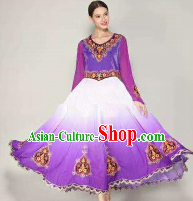 Traditional Chinese Xinjiang Uyghur Nationality Folk Dance Purple Dress Ethnic Stage Show Costume for Women