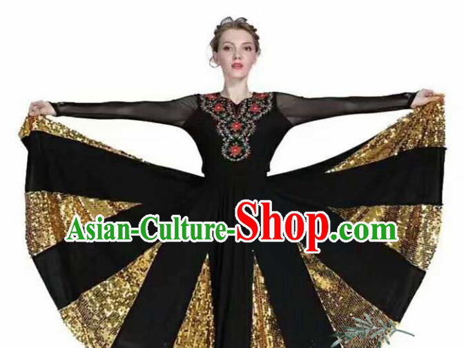 Traditional Chinese Xinjiang Uyghur Nationality Black Dress Ethnic Folk Dance Stage Show Costume for Women